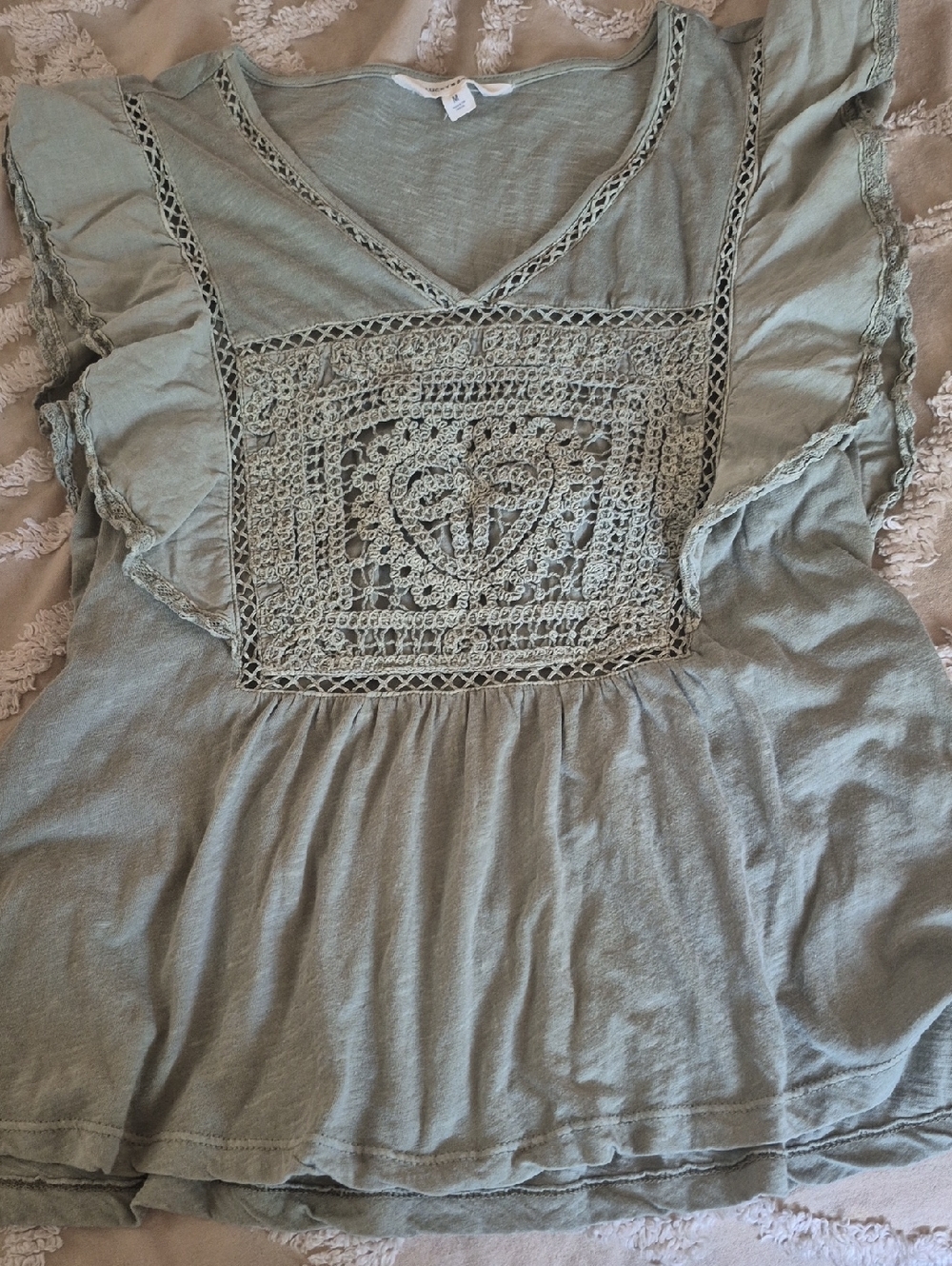 Lucky Brand Light Sage Crochet-Front V-Neck Top